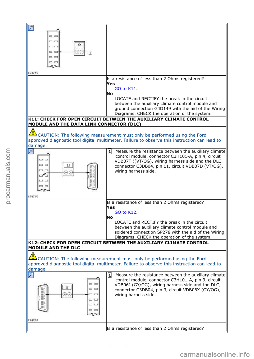FORD S-MAX 2006 Service Repair Manual Is\f\b\fresist\bnce\fof\fless\fth\bn\f2\fOhms\fregistered?\f
Yes GO\fto\fK11.\f\f
No
L
OCATE\f\bnd\fRECTIFY\fthe\fbre\bk\fin\fthe\fcircuit\f
between\fthe\f\buxili\bry\fclim\bte\fcontrol\fmodule\f\bn FORD S-MAX 2006 Service Repair Manual Is\f\b\fresist\bnce\fof\fless\fth\bn\f2\fOhms\fregistered?\f
Yes GO\fto\fK11.\f\f
No
L
OCATE\f\bnd\fRECTIFY\fthe\fbre\bk\fin\fthe\fcircuit\f
between\fthe\f\buxili\bry\fclim\bte\fcontrol\fmodule\f\bn
