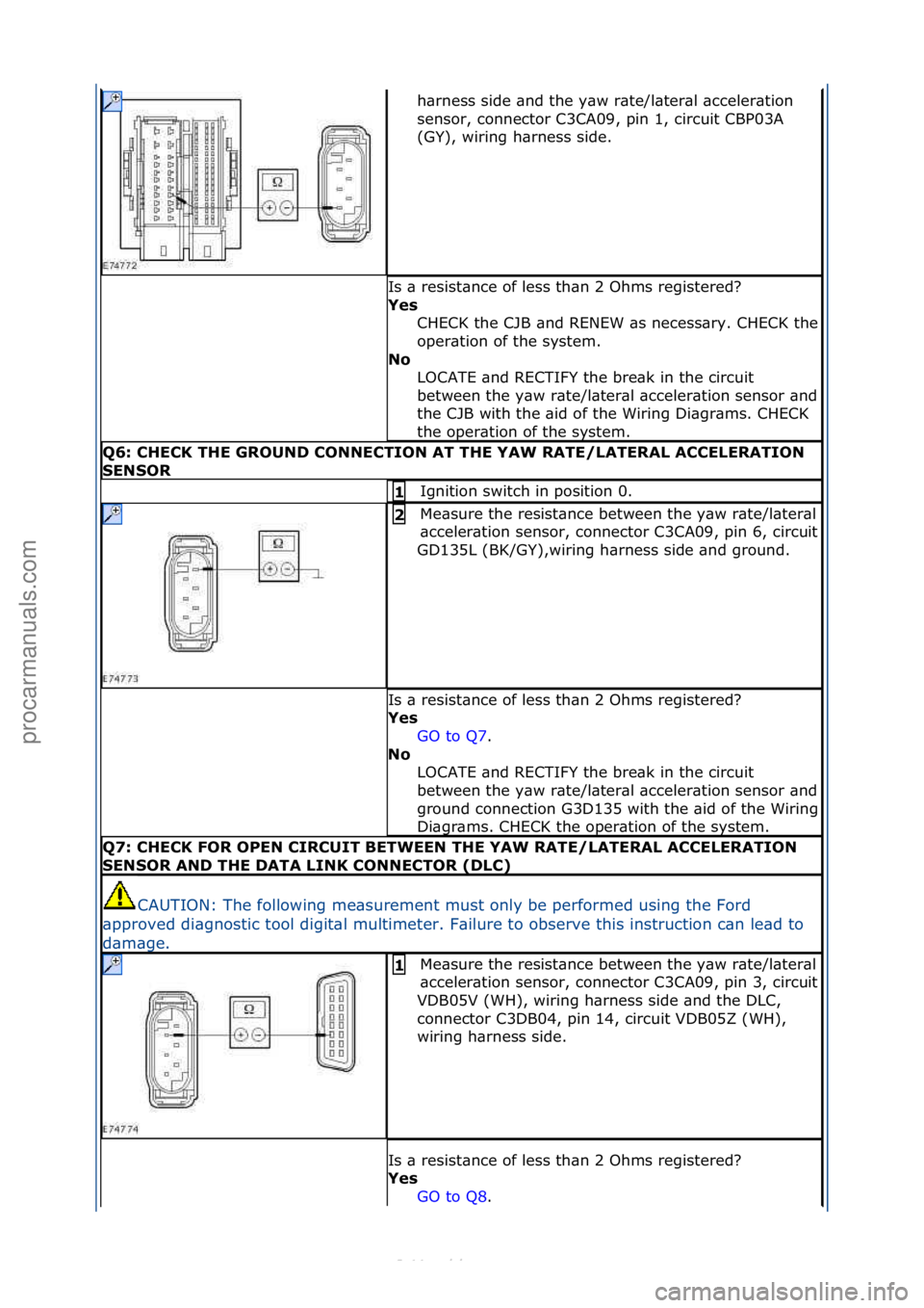 FORD S-MAX 2006  Service Repair Manual h\brness\fside\f\bnd\fthe\fy\bw\fr\bte/l\bter\bl\f\bcceler\btion\f
sensor,\fconnector\fC3CA09,\fpin\f1,\fcircuit\fCBP03A\f
(GY),\fwiring\fh\brness\fside.\f
Is\f\b\fresist\bnce\fof\fless\fth\bn\f2\fOhm