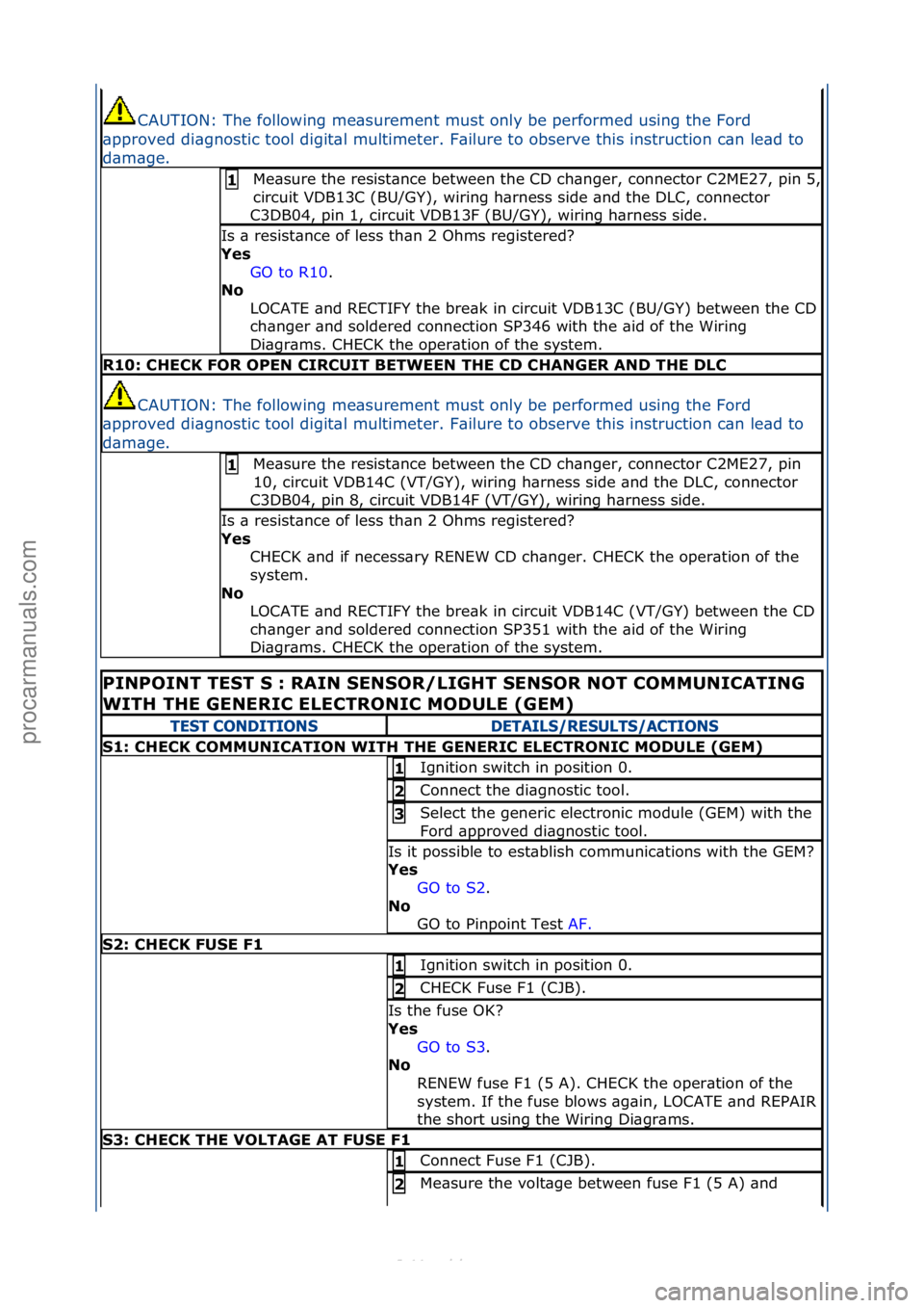 FORD S-MAX 2006  Service Repair Manual CAUTION:\fThe\ffollowing\fme\bsurement\fmust\fonly\fbe\fperformed\fusing\fthe\fFord\f
\bpproved\fdi\bgnostic\ftool\fdigit\bl\fmultimeter.\fF\bilure\fto\fobserve\fthis\finstruction\fc\bn\fle\bd\fto\f
d