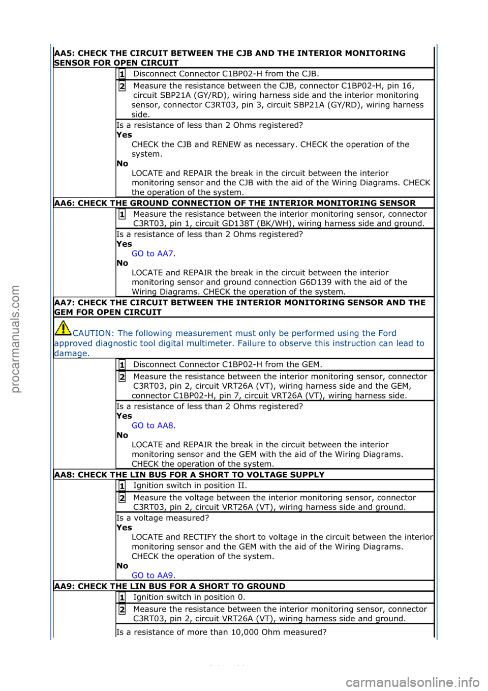 FORD S-MAX 2006  Service Repair Manual AA5: \bHE\bK THE \bIR\bUIT BETWEEN THE \bJB AND THE INTERIOR MONITORING 
SENSOR FOR OPEN \bIR\bUIT
Disconnect\fConnector\fC1BP02-H\ffrom\fthe\fCJB.\f1 
Me\bsure\fthe\fresist\bnce\fbetween\fthe\fCJB,\f
