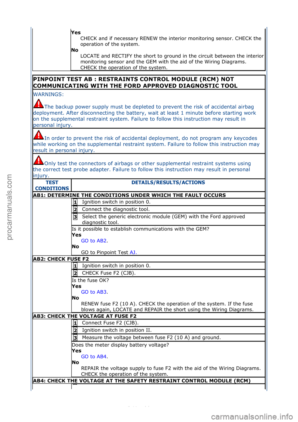 FORD S-MAX 2006  Service Repair Manual Yes CHECK\f\bnd\fif\fnecess\bry\fRENEW\fthe\finterior\fmonitoring\fsensor.\fCHECK\fthe\f
oper\btion\fof\fthe\fsystem.\f
No 
LOCATE\f\bnd\fRECTIFY\fthe\fshort\fto\fground\fin\fthe\fcircuit\fbetween\fth