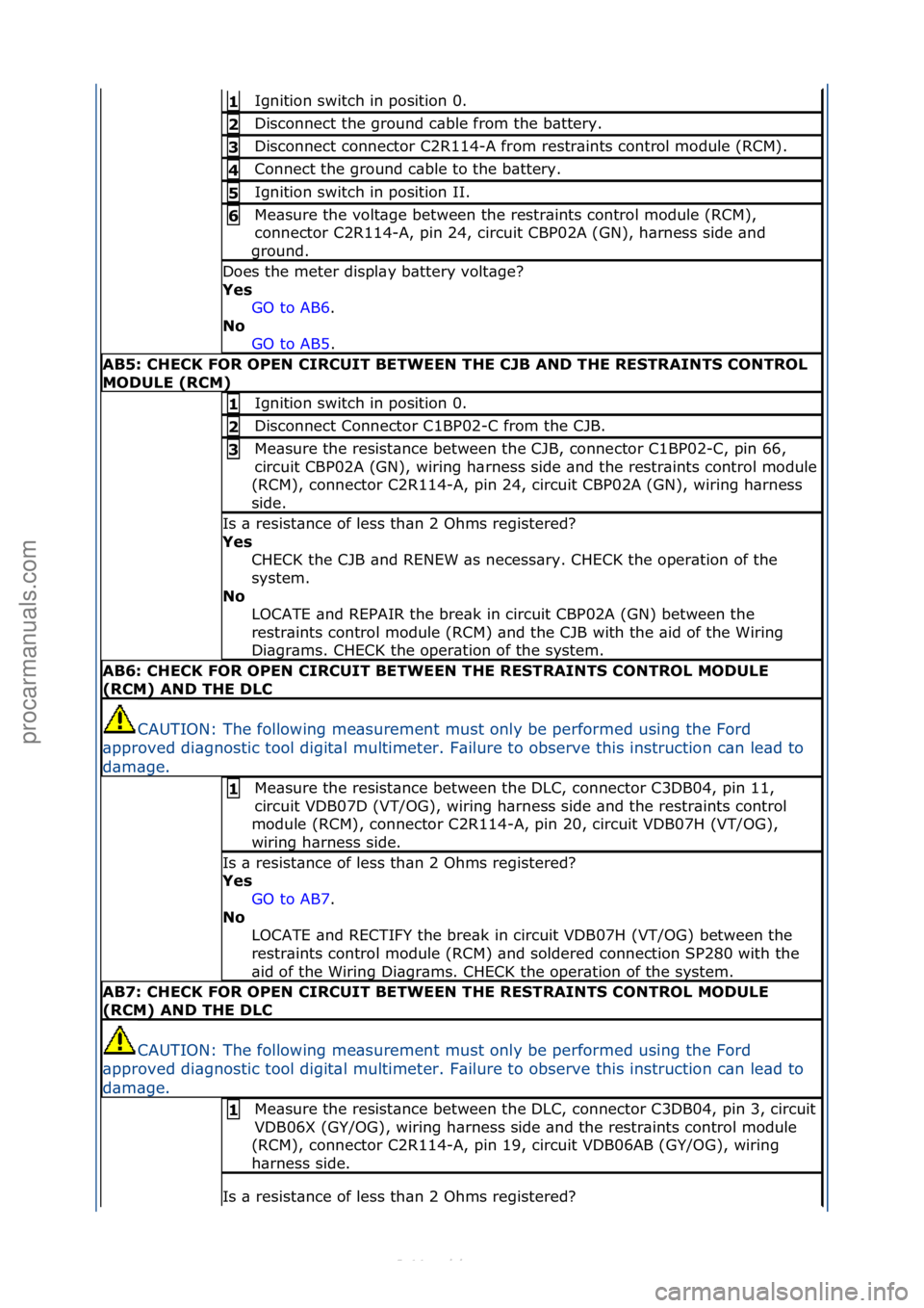FORD S-MAX 2006  Service Repair Manual Ignition\fswitch\fin\fposition\f0.\f1 
Disconnect\fthe\fground\fc\bble\ffrom\fthe\fb\bttery.\f2 
Disconnect\fconnector\fC2R114-A\ffrom\frestr\bints\fcontrol\fmodule\f(RCM).\f3 
Connect\fthe\fground\fc