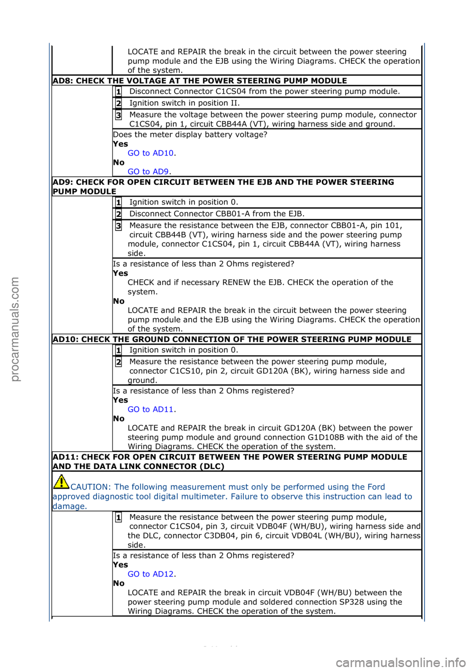 FORD S-MAX 2006  Service Repair Manual LOCATE\f\bnd\fREPAIR\fthe\fbre\bk\fin\fthe\fcircuit\fbetween\fthe\fpower\fsteering\f
pump\fmodule\f\bnd\fthe\fEJB\fusing\fthe\fWiring\fDi\bgr\bms.\fCHECK\fthe\foper\btion\f
of\fthe\fsystem.\f
AD8: \bH