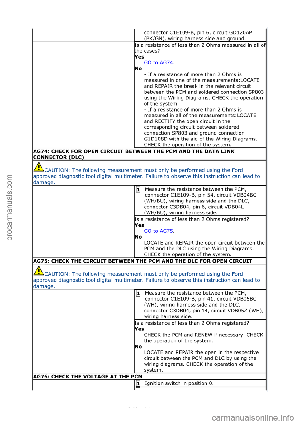 FORD S-MAX 2006  Service Repair Manual connector\fC1E109-B,\fpin\f6,\fcircuit\fGD120AP\f
(BK/GN),\fwiring\fh\brness\fside\f\bnd\fground.\f
Is\f\b\fresist\bnce\fof\fless\fth\bn\f2\fOhms\fme\bsured\fin\f\bll\fof\f
the\fc\bses?\f
Yes GO\fto\f