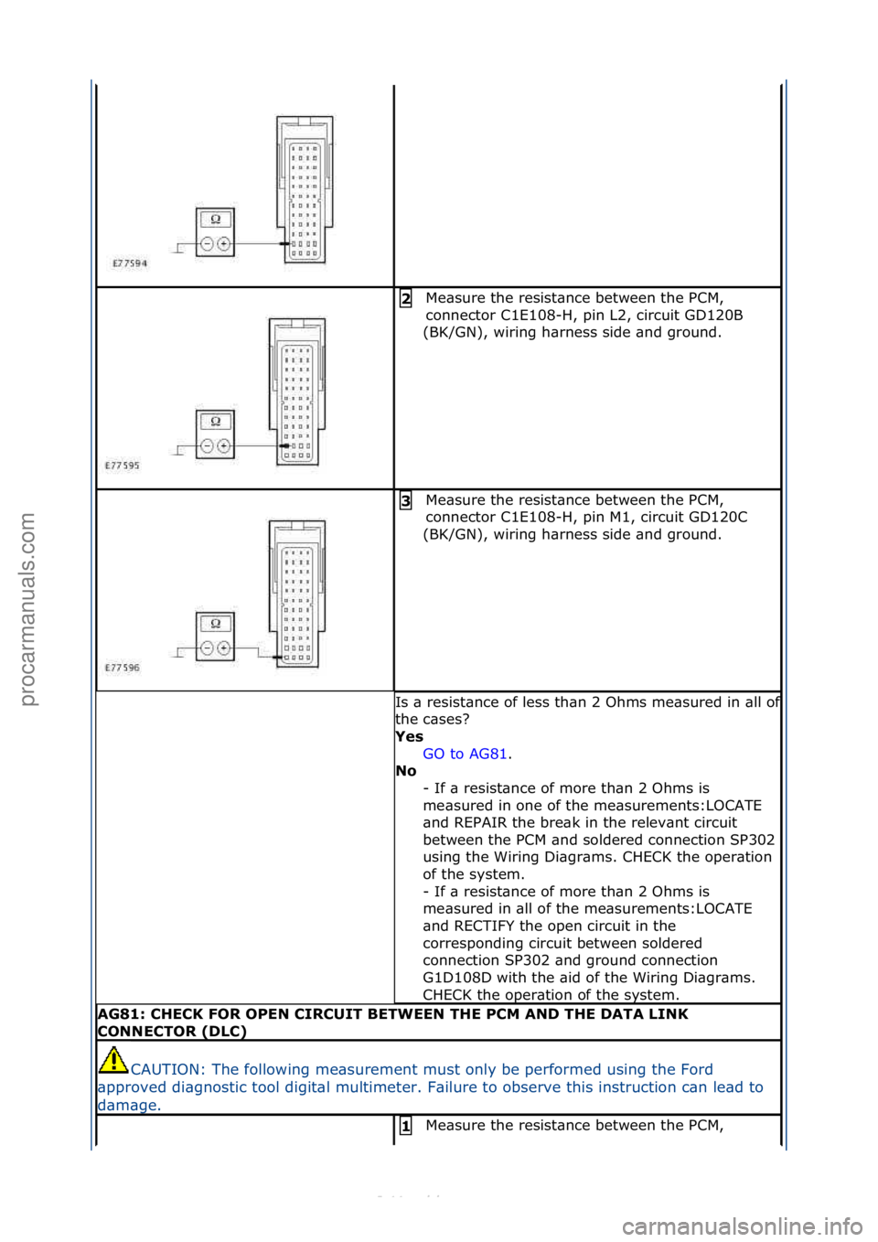 FORD S-MAX 2006  Service Repair Manual Me\bsure\fthe\fresist\bnce\fbetween\fthe\fPCM,\f
connector\fC1E108-H,\fpin\fL2,\fcircuit\fGD120B\f
(BK/GN),\fwiring\fh\brness\fside\f\bnd\fground.\f2 
Me\bsure\fthe\fresist\bnce\fbetween\fthe\fPCM,\f
