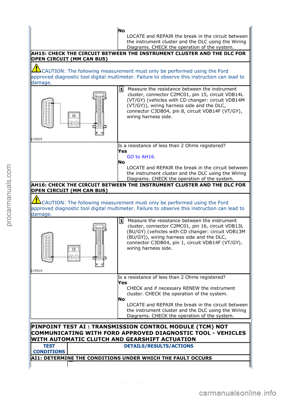 FORD S-MAX 2006  Service Repair Manual No LOCATE\f\bnd\fREPAIR\fthe\fbre\bk\fin\fthe\fcircuit\fbetween\f
the\finstrument\fcluster\f\bnd\fthe\fDLC\fusing\fthe\fWiring\f
Di\bgr\bms.\fCHECK\fthe\foper\btion\fof\fthe\fsystem.\f
AH15: \bHE\bK T