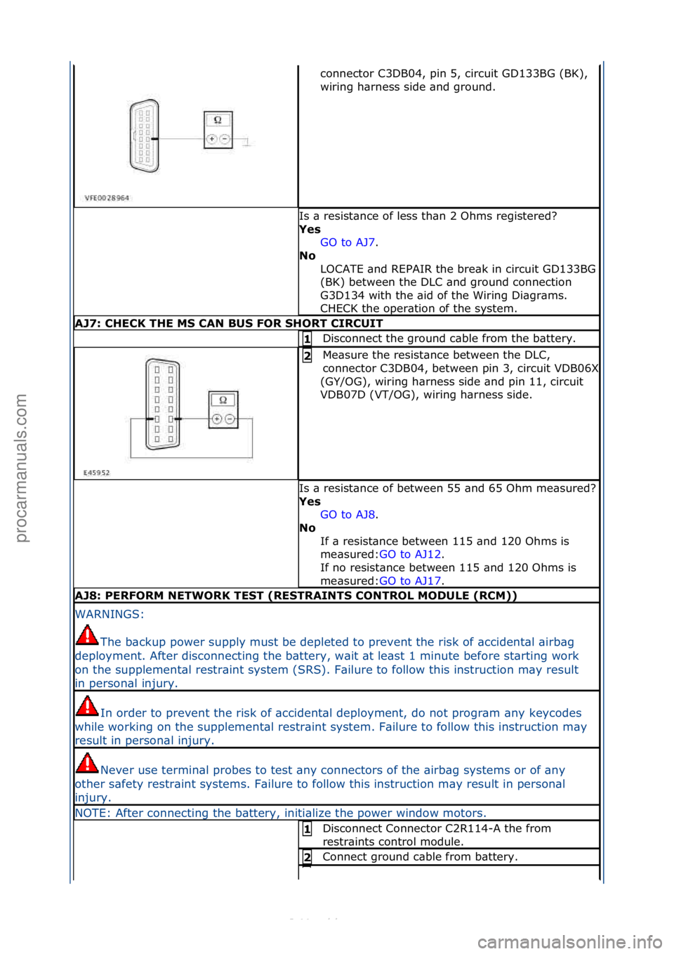 FORD S-MAX 2006  Service Repair Manual connector\fC3DB04,\fpin\f5,\fcircuit\fGD133BG\f(BK),\f
wiring\fh\brness\fside\f\bnd\fground.\f
Is\f\b\fresist\bnce\fof\fless\fth\bn\f2\fOhms\fregistered?\f
Yes GO\fto\fAJ7 .\f\f
No  
LOCATE\f\bnd\fREP