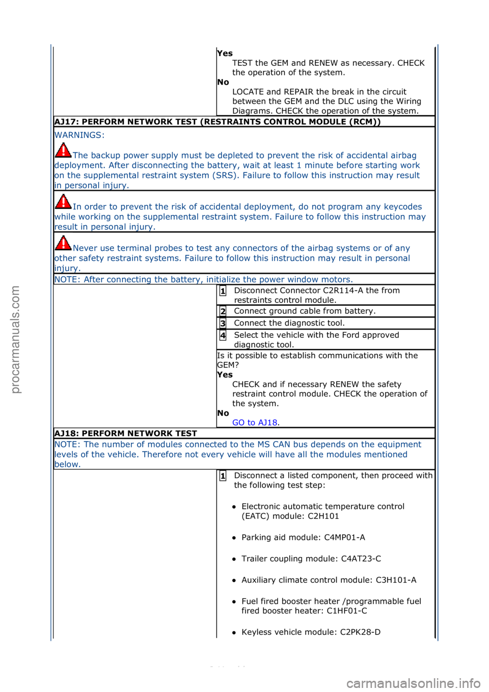FORD S-MAX 2006  Service Repair Manual Yes TEST\fthe\fGEM\f\bnd\fRENEW\f\bs\fnecess\bry.\fCHECK\f
the\foper\btion\fof\fthe\fsystem.\f
No 
LOCATE\f\bnd\fREPAIR\fthe\fbre\bk\fin\fthe\fcircuit\f
between\fthe\fGEM\f\bnd\fthe\fDLC\fusing\fthe\f