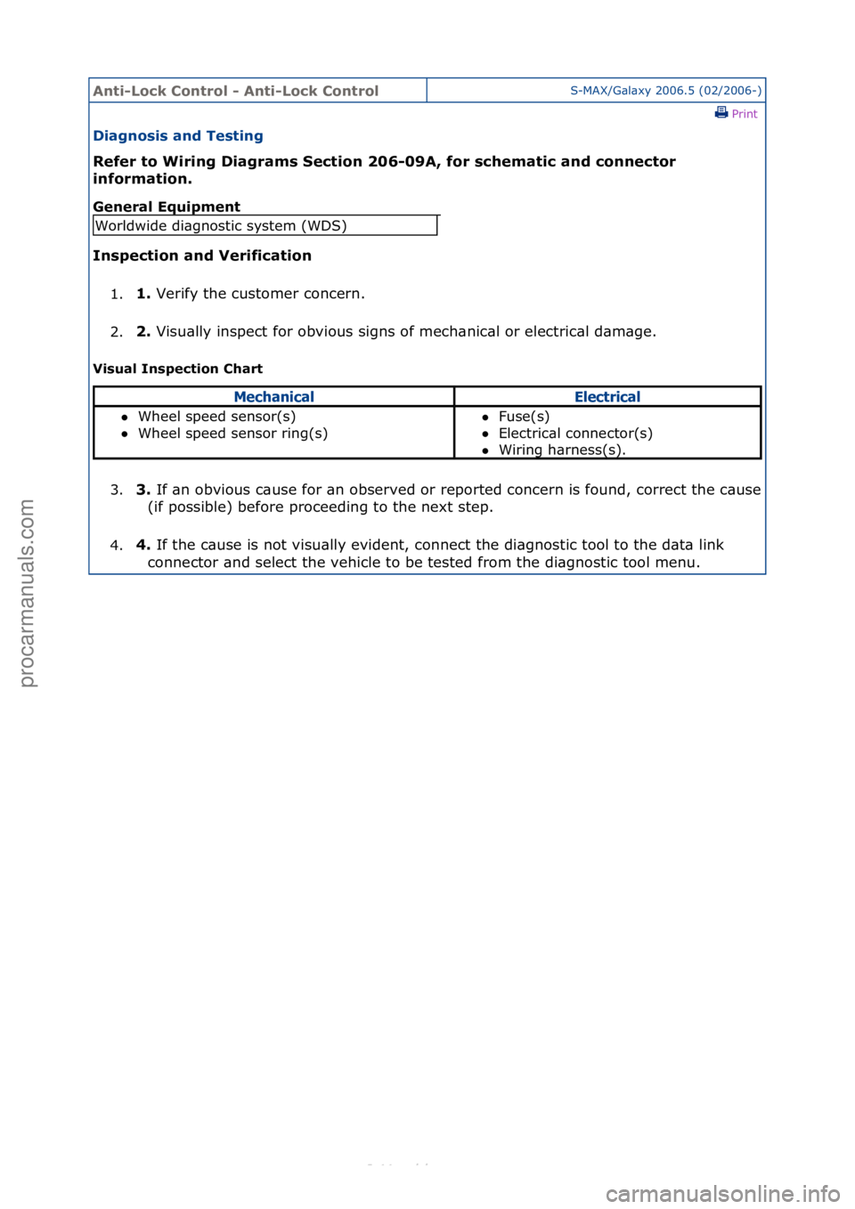 FORD S-MAX 2006  Service Repair Manual Anti-Lo\bk Cont\fol - Anti-Lo\bk Cont\folS-MAX/G\bl\bxy\f2006.5\f(02/2006-)\fPrint \f
Diagnosis and Testing 
Refe\f to Wi\fing Diag\fams Se\btion 206-09A, fo\f s\bhemati\b and \bonne\bto\f 
in

fo\fma