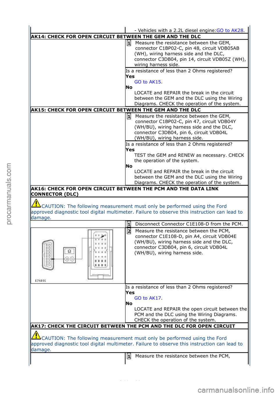FORD S-MAX 2006  Service Repair Manual -\fVehicles\fwith\f\b\f2.2L\fdiesel\fengine:GO\fto\fAK28.\f\f
AK14: \bHE\bK FOR OPEN \bIR\bUIT BETWEEN THE GEM AND THE DL\b
Me\bsure\fthe\fresist\bnce\fbetween\fthe\fGEM,\f
connector\fC1BP02-C,\fpin\f