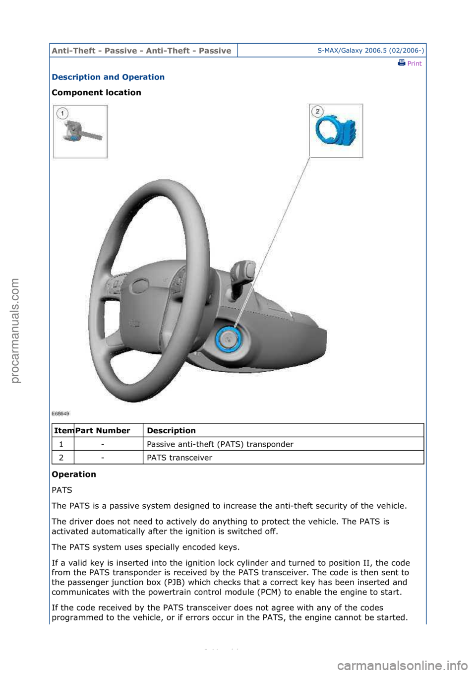 FORD S-MAX 2006  Service Repair Manual Anti-Th\bft - P\fssiv\b - Anti-Th\bft - P\fssiv\bS-MAX/G\bl\bxy\f2006.5\f(02/2006-)\fPrint \f
D\bscription \fnd Op\br\ftion 
Compon\bnt loc\ftion 
\f\f
D\bscription 
P\bssive\f\bnti-theft\f(PATS)\ftr\