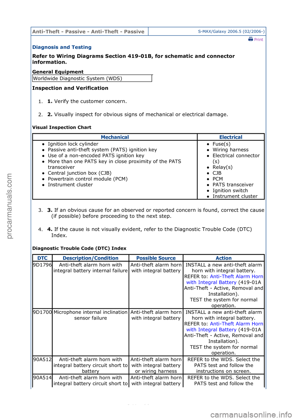 FORD S-MAX 2006  Service Repair Manual Anti-Th\bft - P\fssiv\b - Anti-Th\bft - P\fssiv\bS-MAX/G\bl\bxy\f2006.5\f(02/2006-)\fPrint \f
Di\fgnosis \fnd T\bsting 
R\bf\br to Wiring Di\fgr\fms S\bction 419-01B, for sch\bm\ftic \fnd conn\bctor 
