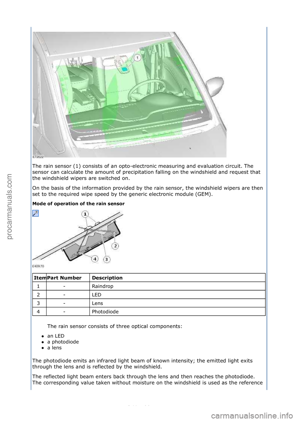 FORD S-MAX 2006  Service Repair Manual The\fr\bin\fsensor\f(1)\fconsists\fof\f\bn\fopto-electronic\fme\bsuring\f\bnd\fev\blu\btion\fcircuit.\fThe\f
sensor\fc\bn\fc\blcul\bte\fthe\f\bmount\fof\fprecipit\btion\ff\blling\fon\fthe\fwindshield\