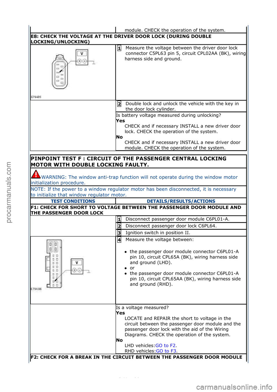FORD S-MAX 2006 Service Repair Manual module.\fCHECK\fthe\foper\btion\fof\fthe\fsystem.\f
E8: CHECK THE VOLTAGE AT THE DRIVER DOOR LOCK (DURING DOUBLE
LOCKING/UNLOCKING)
Me\bsure\fthe\fvolt\bge\fbetween\fthe\fdriver\fdoor\flock\f
connect FORD S-MAX 2006 Service Repair Manual module.\fCHECK\fthe\foper\btion\fof\fthe\fsystem.\f
E8: CHECK THE VOLTAGE AT THE DRIVER DOOR LOCK (DURING DOUBLE
LOCKING/UNLOCKING)
Me\bsure\fthe\fvolt\bge\fbetween\fthe\fdriver\fdoor\flock\f
connect