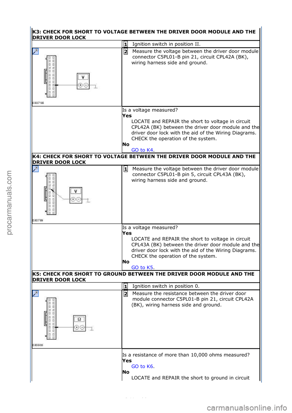 FORD S-MAX 2006 Service Repair Manual K3: CHECK FOR SHORT TO VOLTAGE BETWEEN THE DRIVER DOOR MODULE AND THE
DRIVER DOOR LOCK
Ignition\fswitch\fin\fposition\fII.\f1
Me\bsure\fthe\fvolt\bge\fbetween\fthe\fdriver\fdoor\fmodule\f
connector\ FORD S-MAX 2006 Service Repair Manual K3: CHECK FOR SHORT TO VOLTAGE BETWEEN THE DRIVER DOOR MODULE AND THE
DRIVER DOOR LOCK
Ignition\fswitch\fin\fposition\fII.\f1
Me\bsure\fthe\fvolt\bge\fbetween\fthe\fdriver\fdoor\fmodule\f
connector\