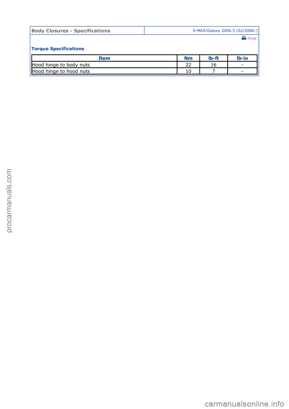 FORD S-MAX 2006  Service Repair Manual Body Clo\bure\b \f Specification\bS-MAX/G\bl\bxy\f2006.5\f(02/2006-)\fPrint \f
Torque Specification\b 
ItemNmlb\bftlb\bin
Hood\fhinge\fto\fbody\fnuts2216-
Hood\fhinge\fto\fhood\fnuts107-
Стр. 1 и