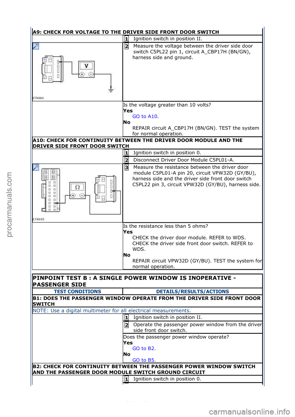 FORD S-MAX 2006  Service Repair Manual A9: CHECK FOR VOLTAGE TO THE DRIVER SIDE FRONT DOOR SWITCH 
Ignition\fswitch\fin\fposition\fII.\f1 
Me\bsure\fthe\fvolt\bge\fbetween\fthe\fdriver\fside\fdoor\f
switch\fC5PL22\fpin\f1,\fcircuit\fA_CBP1