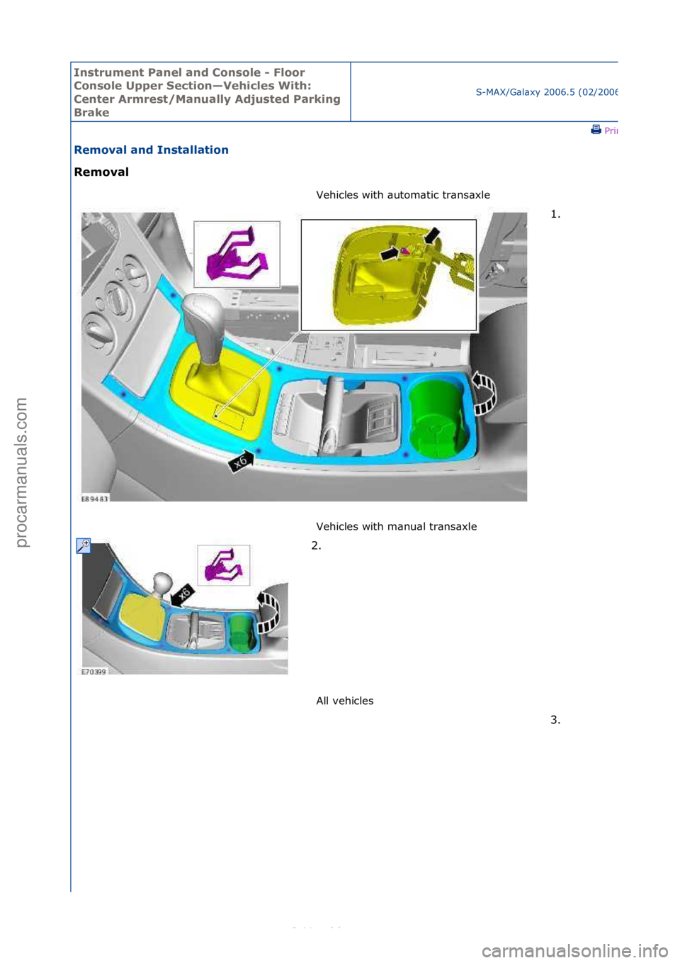 FORD S-MAX 2006  Service Repair Manual Instrum\bnt Pan\b\f and Conso\f\b - F\foor 
Conso\f\b Upp\br S\bction—V\bhic\f\bs With: 
C\bnt\br Armr\bst/Manua\f\fy Adjust\bd Parking 
Brak\b
S-MAX/G\bl\bxy\f2006.5\f(02/2006
\fPrint
R\bmova\f and