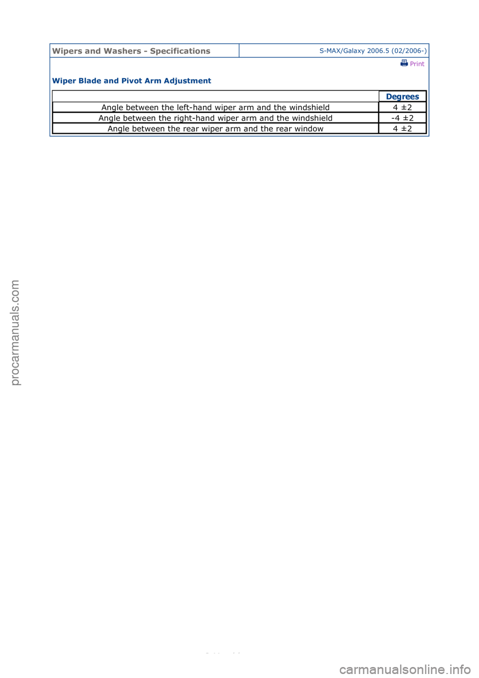 FORD S-MAX 2006  Service Repair Manual Wipers \bnd W\bshers \f Specific\btionsS-MAX/G\bl\bxy\f2006.5\f(02/2006-)\fPrint \f
Wiper Bl\bde \bnd Pivot Arm Adjustment 
Degrees
Angle\fbetween\fthe\fleft-h\bnd\fwiper\f\brm\f\bnd\fthe\fwindshield4