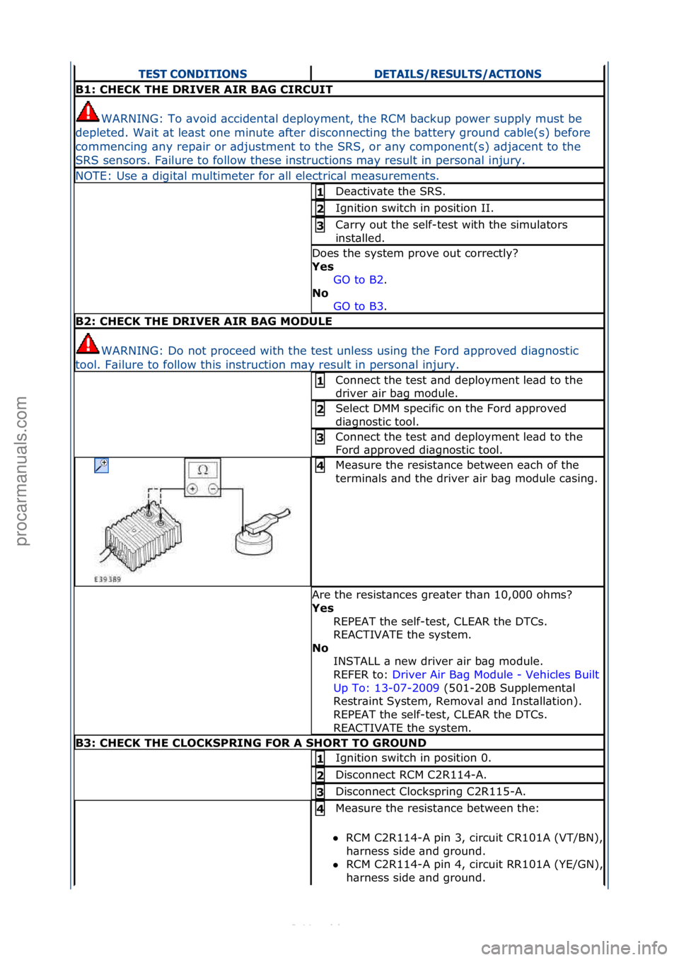 FORD S-MAX 2006  Service Repair Manual TEST CONDITIONSDETAILS/RESULTS/ACTIONS
B1: CHECK THE DRIVER AIR BAG CIRCUIT
WARNING:\fTo\f\bvoid\f\bccident\bl\fdeployment,\fthe\fRCM\fb\bckup\fpower\fsupply\fmust\fbe\f
depleted.\fW\bit\f\bt\fle\bst\