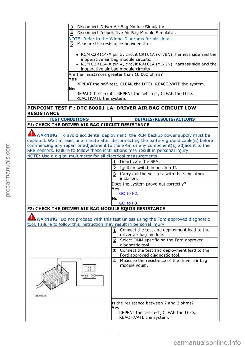 FORD S-MAX 2006  Service Repair Manual Disconnect\fDriver\fAir\fB\bg\fModule\fSimul\btor.\f3 
Disconnect\fInoper\btive\fAir\fB\bg\fModule\fSimul\btor.\f4 
NOTE:\fRefer\fto\fthe\fWiring\fDi\bgr\bms\ffor\fpin\fdet\bil.\fMe\bsure\fthe\fresist