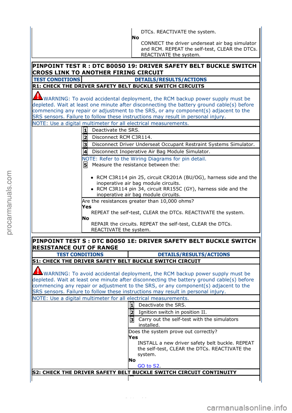 FORD S-MAX 2006  Service Repair Manual DTCs.\fREACTIVATE\fthe\fsystem.\f
No  CONNECT\fthe\fdriver\funderse\bt\f\bir\fb\bg\fsimul\btor\f
\bnd\fRCM.\fREPEAT\fthe\fself-test,\fCLEAR\fthe\fDTCs.\f
REACTIVATE\fthe\fsystem.\f\f
PINPOINT TEST R :