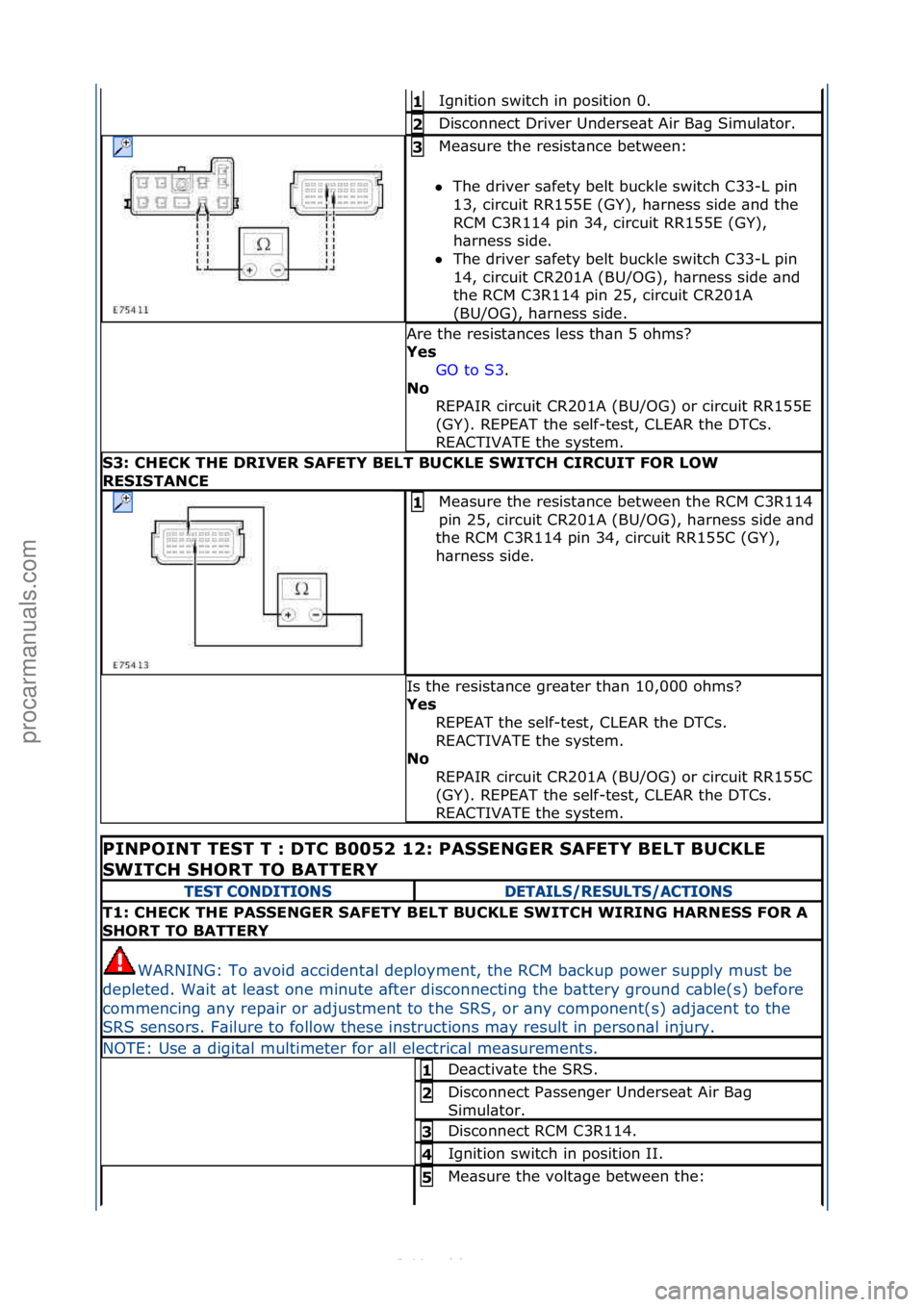 FORD S-MAX 2006  Service Repair Manual Ignition\fswitch\fin\fposition\f0.\f1 
Disconnect\fDriver\fUnderse\bt\fAir\fB\bg\fSimul\btor.\f2 
Me\bsure\fthe\fresist\bnce\fbetween:\f
 The\fdriver\fs\bfety\fbelt\fbuckle\fswitch\fC33-L\fpin\f
13

