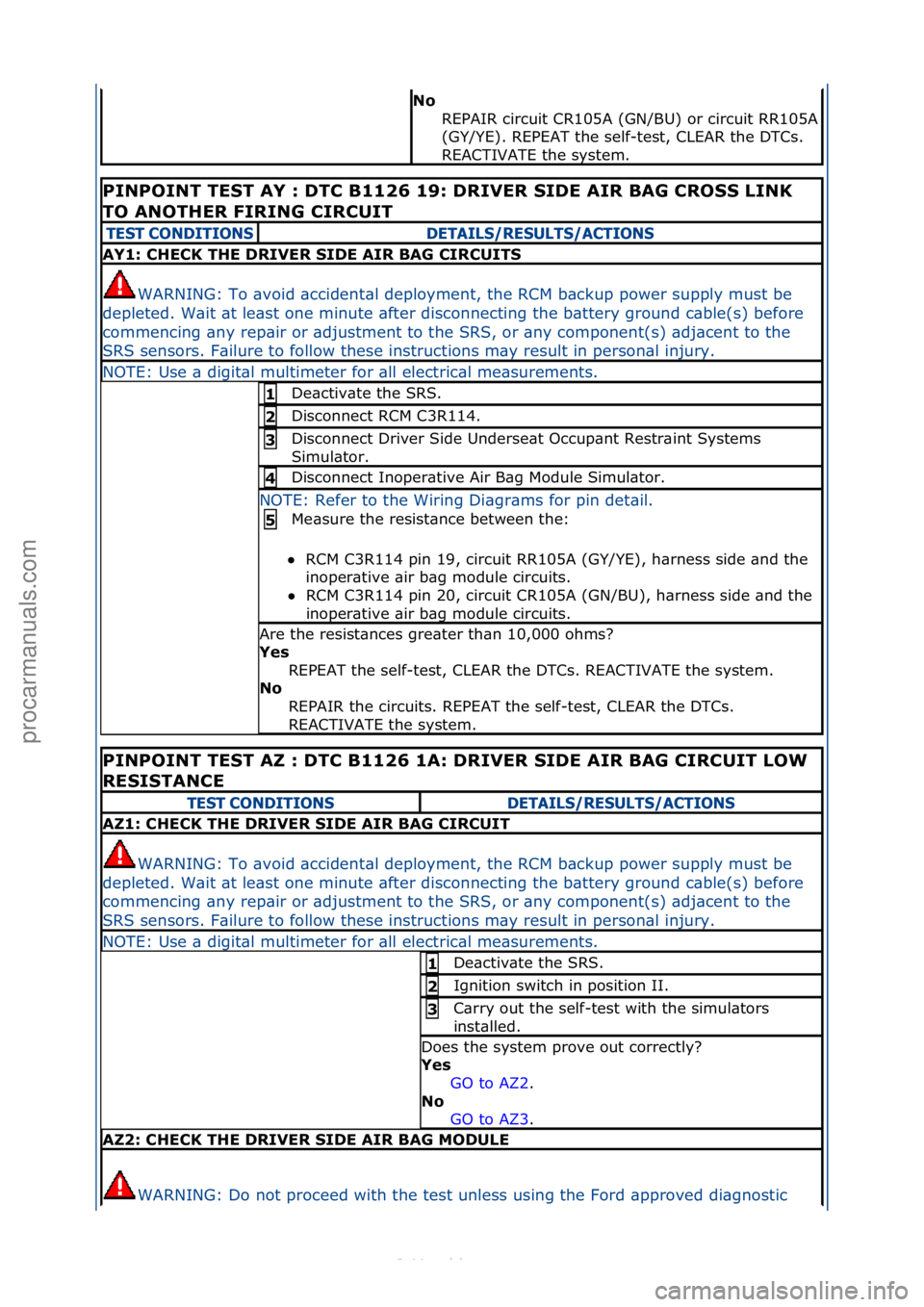 FORD S-MAX 2006  Service Repair Manual No 
REPAIR\fcircuit\fCR105A\f(GN/BU)\for\fcircuit\fRR105A\f
(GY/YE).\fREPEAT\fthe\fself-test,\fCLEAR\fthe\fDTCs.\f
REACTIVATE\fthe\fsystem.\f\f
PINPOINT TEST AY : DTC B1126 19: DRIVER SIDE AIR BAG CRO