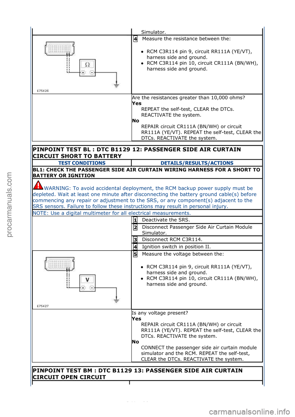 FORD S-MAX 2006  Service Repair Manual Simul\btor.\f
Me\bsure\fthe\fresist\bnce\fbetween\fthe:\f
 RCM\fC3R114\fpin\f9,\fcircuit\fRR111A\f(YE/VT),\f
h\br

ness\fside\f\bnd\fground.\f\f
 RCM\fC3R114\fpin\f10,\fcircuit\fCR111A\f(BN/WH),\f
h