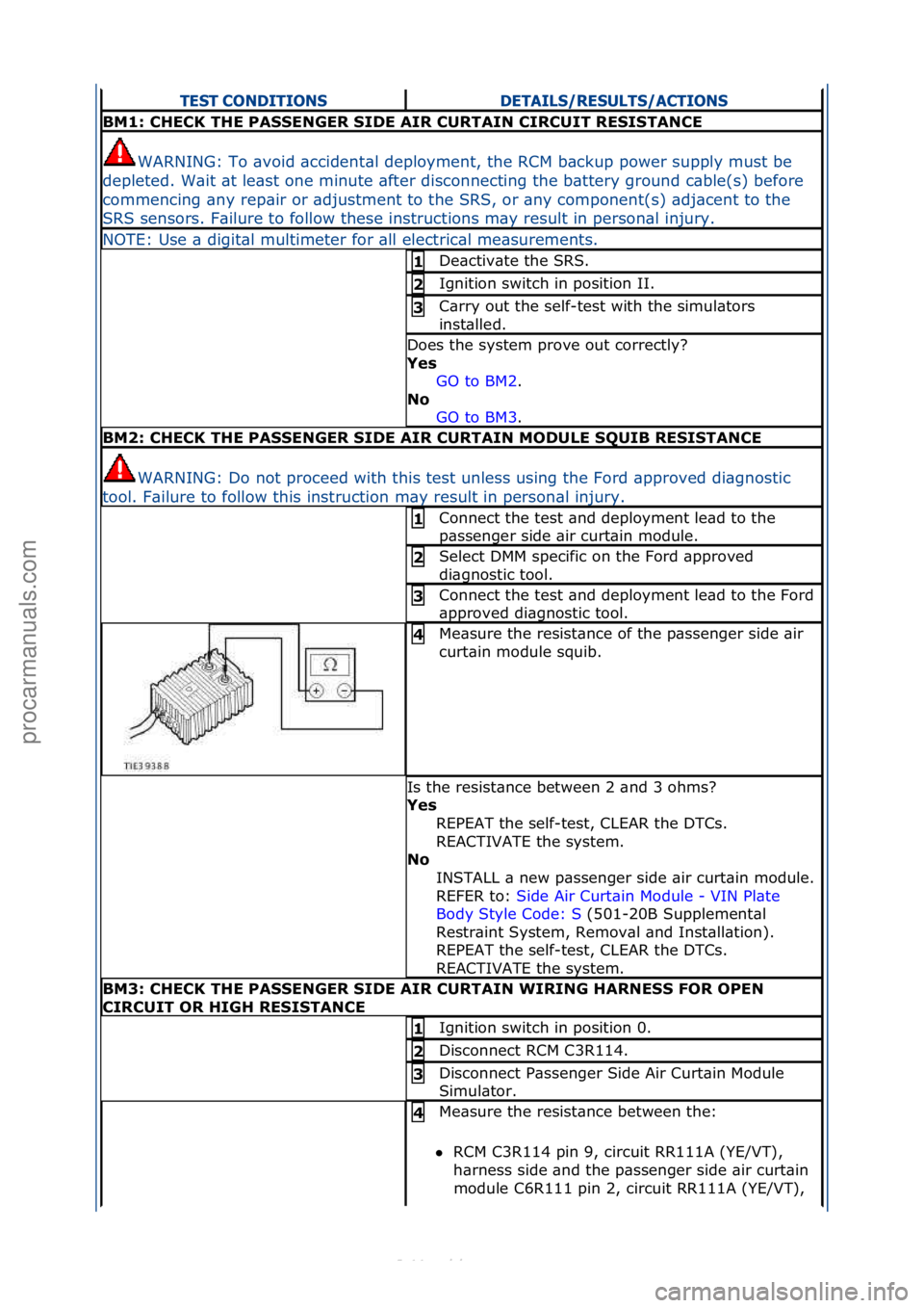 FORD S-MAX 2006  Service Repair Manual TEST CONDITIONSDETAILS/RESULTS/ACTIONS
BM1: CHECK THE PASSENGER SIDE AIR CURTAIN CIRCUIT RESISTANCE
WARNING:\fTo\f\bvoid\f\bccident\bl\fdeployment,\fthe\fRCM\fb\bckup\fpower\fsupply\fmust\fbe\f
deplet