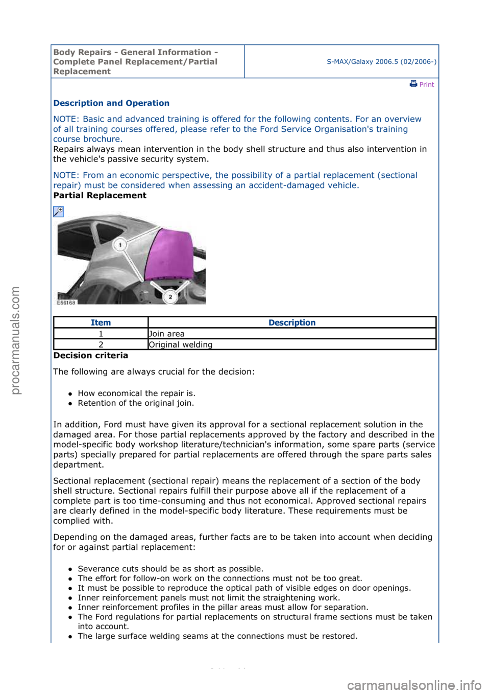 FORD S-MAX 2006  Service Repair Manual Body Re\bair\f - General Information - 
Com\blete Panel Re\blacement/Partial 
Re\blacement
S-MAX/G\bl\bxy\f2006.5\f(02/2006-)\fPrint \f
De\fcri\btion and O\beration 
NOTE:\fB\bsic\f\bnd\f\bdv\bnced\ft