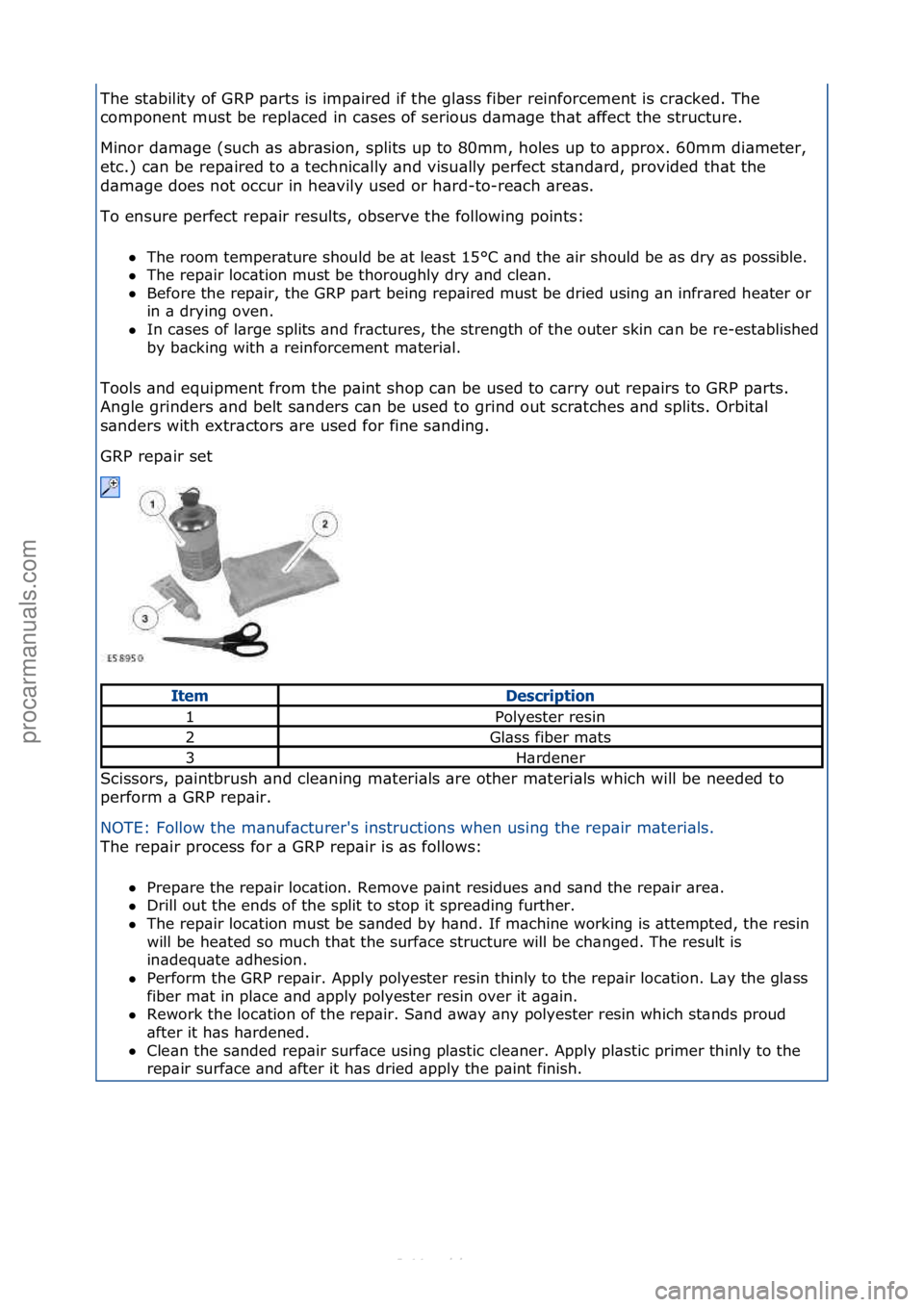 FORD S-MAX 2006  Service Repair Manual The\fst\bbility\fof\fGRP\fp\brts\fis\fimp\bired\fif\fthe\fgl\bss\ffiber\freinforcement\fis\fcr\bcked.\fThe\f
component\fmust\fbe\frepl\bced\fin\fc\bses\fof\fserious\fd\bm\bge\fth\bt\f\bffect\fthe\fstr