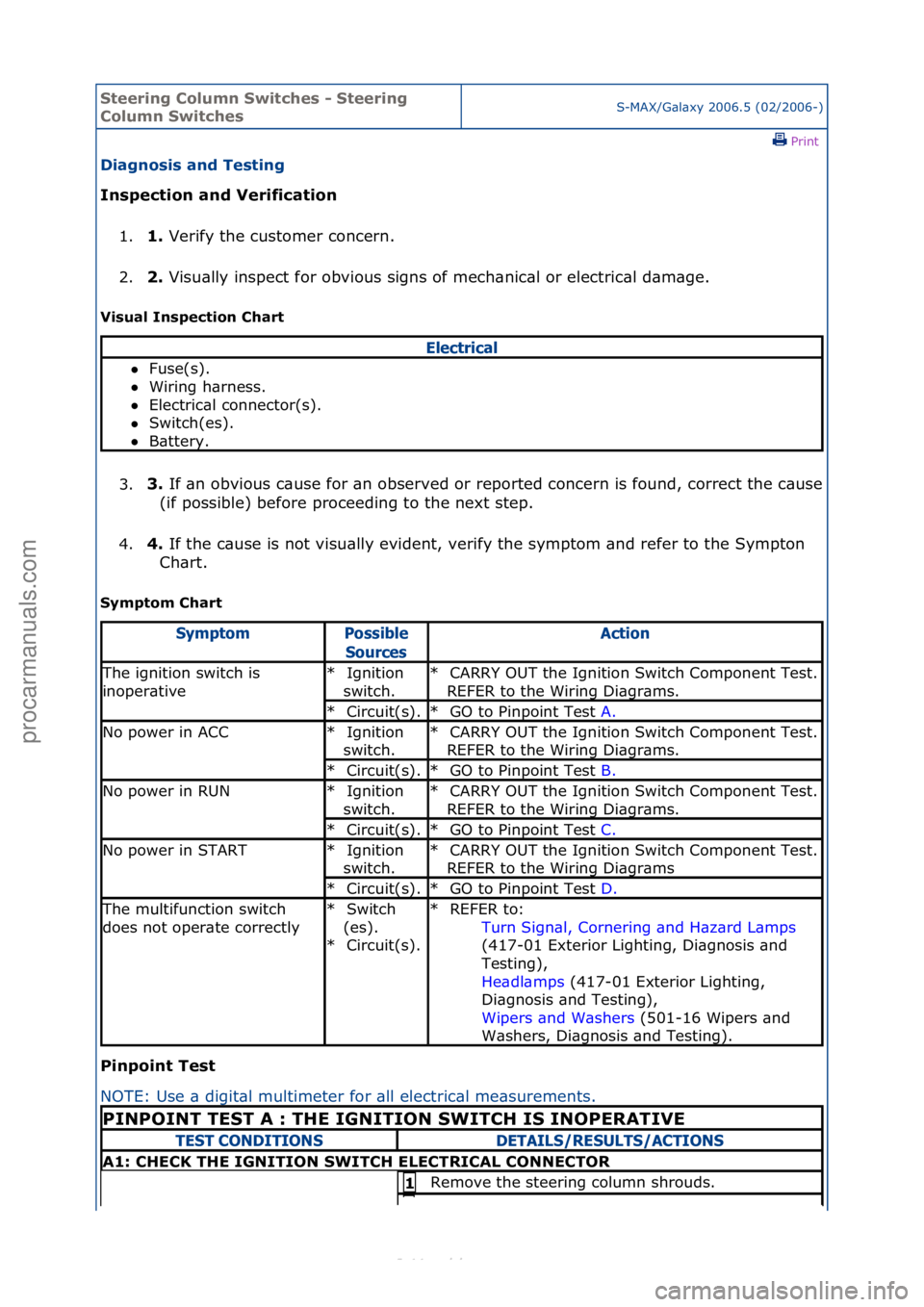 FORD S-MAX 2006  Service Repair Manual Steering\bCol\fmn\bSwitches\b-\bSteering\b
Col\fmn\bSwitchesS-MAX/G\bl\bxy\f2006.5\f(02/2006-)\fPrint \f
Diagnosis\band\bTesting\b
Inspection\band\bVerification\b
1. 1.\b
Verify\fthe\fcustomer\fconcer