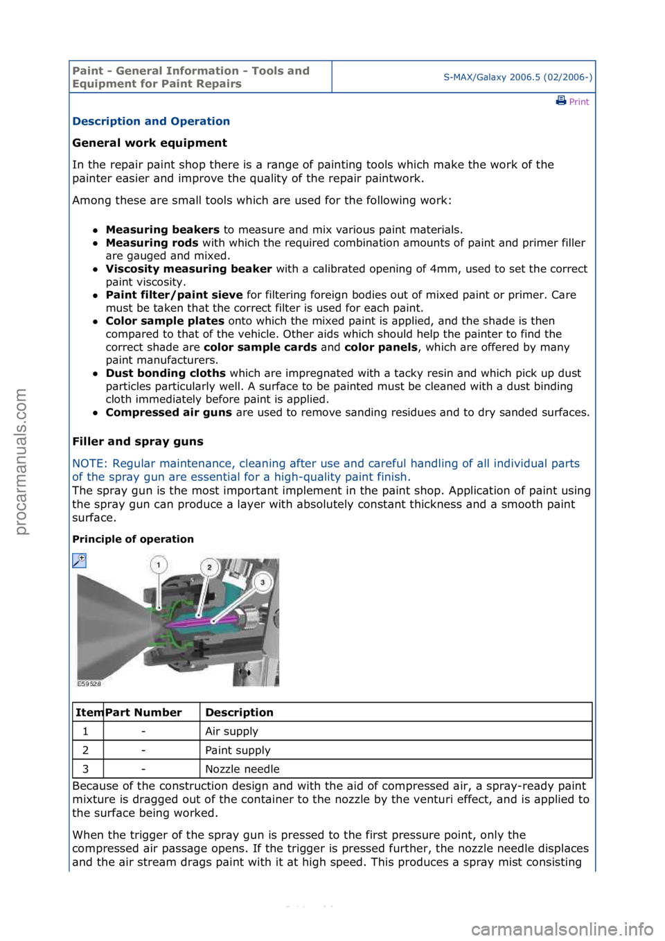 FORD S-MAX 2006  Service Repair Manual Paint - \beneral \fnformation - Tools and 
Equipment for Paint RepairsS-MAX/G\bl\bxy\f2006.5\f(02/2006-)\fPrint \f
Description and Operation 
\beneral work equipment 
In

\fthe\frep\bir\fp\bint\fshop\