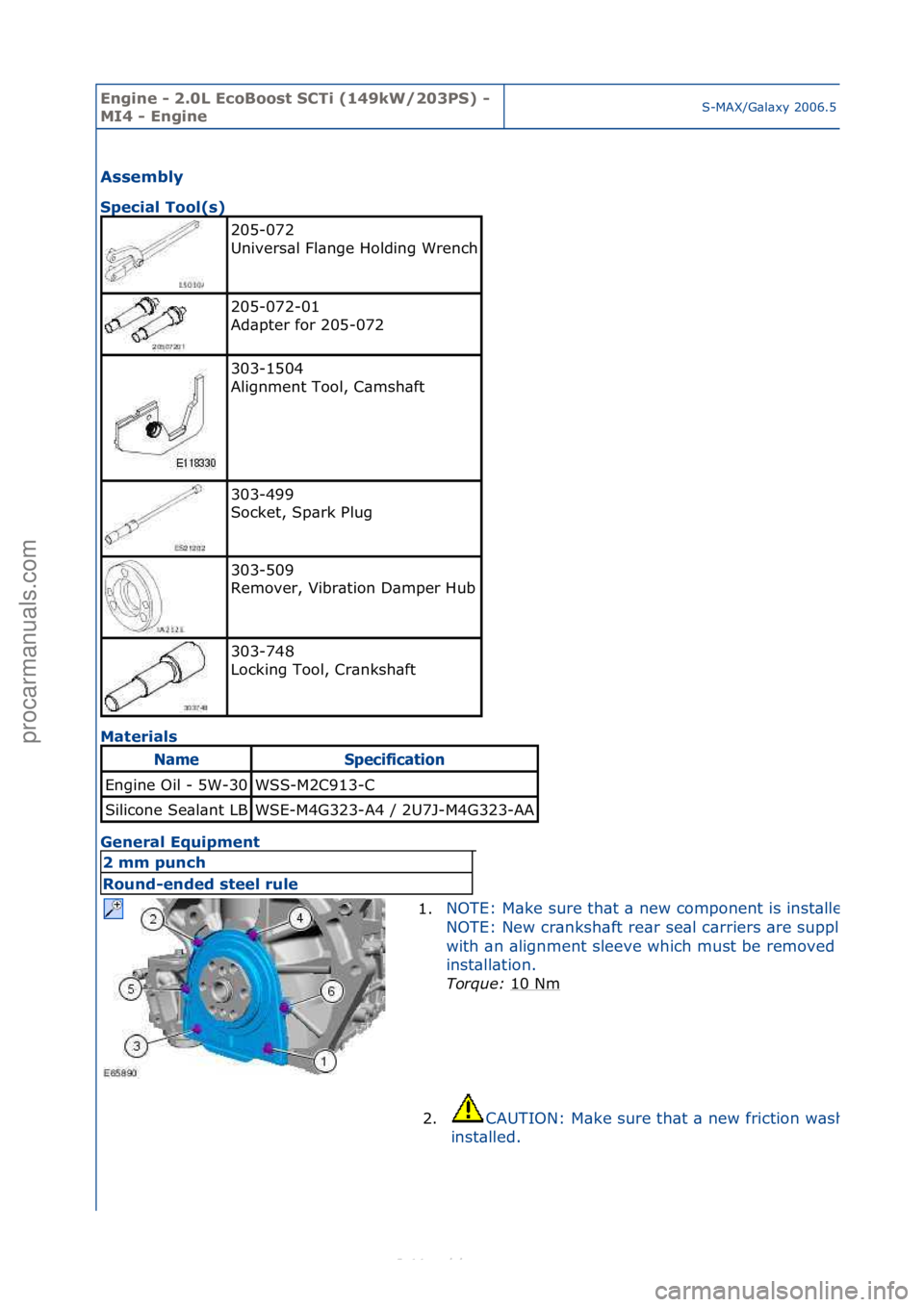 FORD S-MAX 2006  Service Repair Manual Engine - \b.0L E\foBoost SCTi (149kW/\b03PS) - 
MI4 - EngineS-MAX/G\bl\bxy\f2006.5\f(02/2006
Assembly 
Spe\fial Tool(s) 
Ma
terials 
General Equipment 
205-072\f
Univers\bl\fFl\bnge\fHolding\fWrench
\