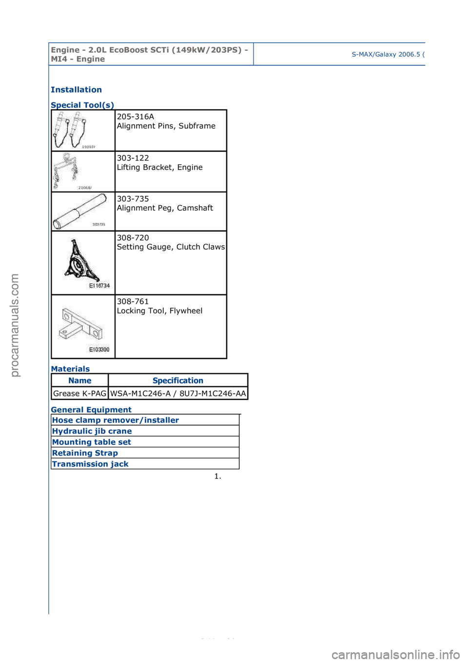 FORD S-MAX 2006  Service Repair Manual Engine - \b.0L E\foBoost SCTi (149kW/\b03PS) - 
MI4 - EngineS-MAX/G\bl\bxy\f2006.5\f(02/2006
Installation 
Spe\fial Tool(s) 
Ma
terials 
General Equipment 
205-316A\f
Alignment\fPins,\fSubfr\bme\f
303