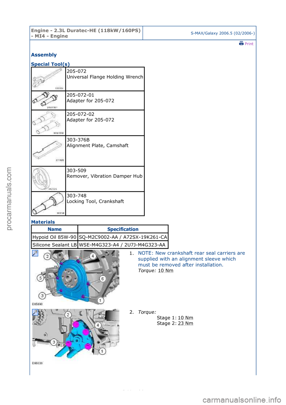 FORD S-MAX 2006  Service Repair Manual Engine - \b.3L \furatec-HE (118kW/160PS) 
- MI4 - EngineS-MAX/G\bl\bxy\f2006.5\f(02/2006-)\fPrint \f
Assembly 
Special Tool(s) 
Ma

terials 
205-072\f
Univers\bl\fFl\bnge\fHolding\fWrench
\f
205-072-0