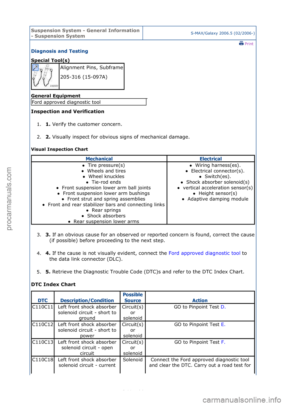 FORD S-MAX 2006  Service Repair Manual Suspensi\bn Syste\f - General Inf\br\fati\bn 
- Suspensi\bn Syste\fS-MAX/G\bl\bxy\f2006.5\f(02/2006-)\fPrint \f
Diagn\bsis and Testing 
Special T\b\bl(s) 
Gen

eral Equip\fent 
Inspecti\bn and Verific