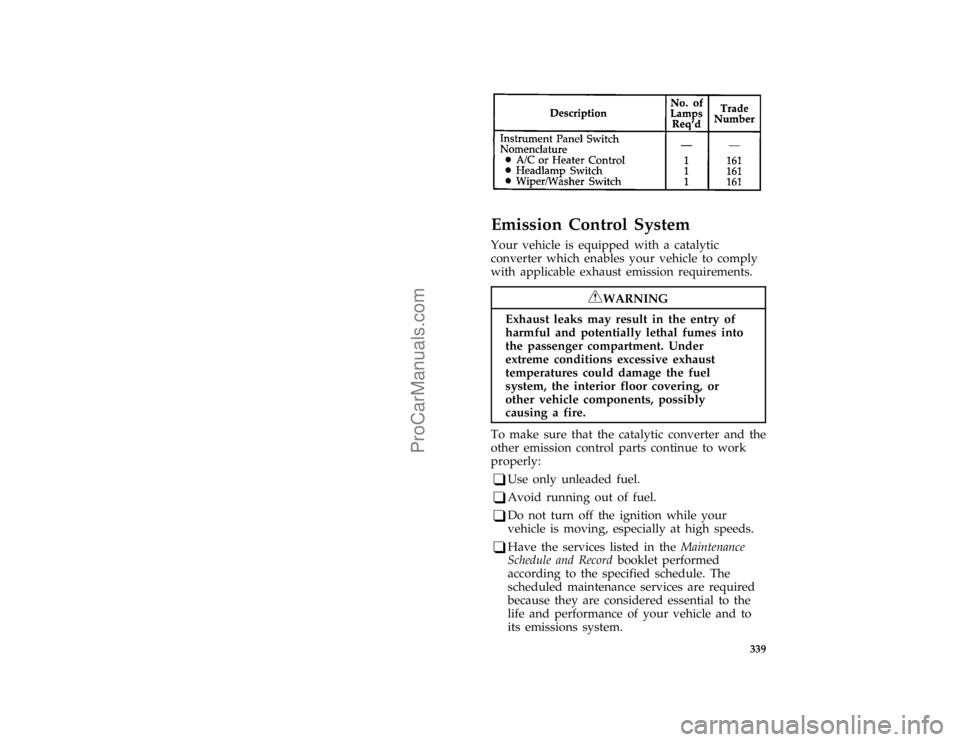 FORD BRONCO 1988  Owners Manual 339 [SV47750(B )03/91]
eight pica chart:0020791-A
%*
[SV48600( ALL)03/95]
Emission Control System
*
[SV48700(BEF )05/95]
Your vehicle is equipped with a catalytic
converter which enables your vehicle 