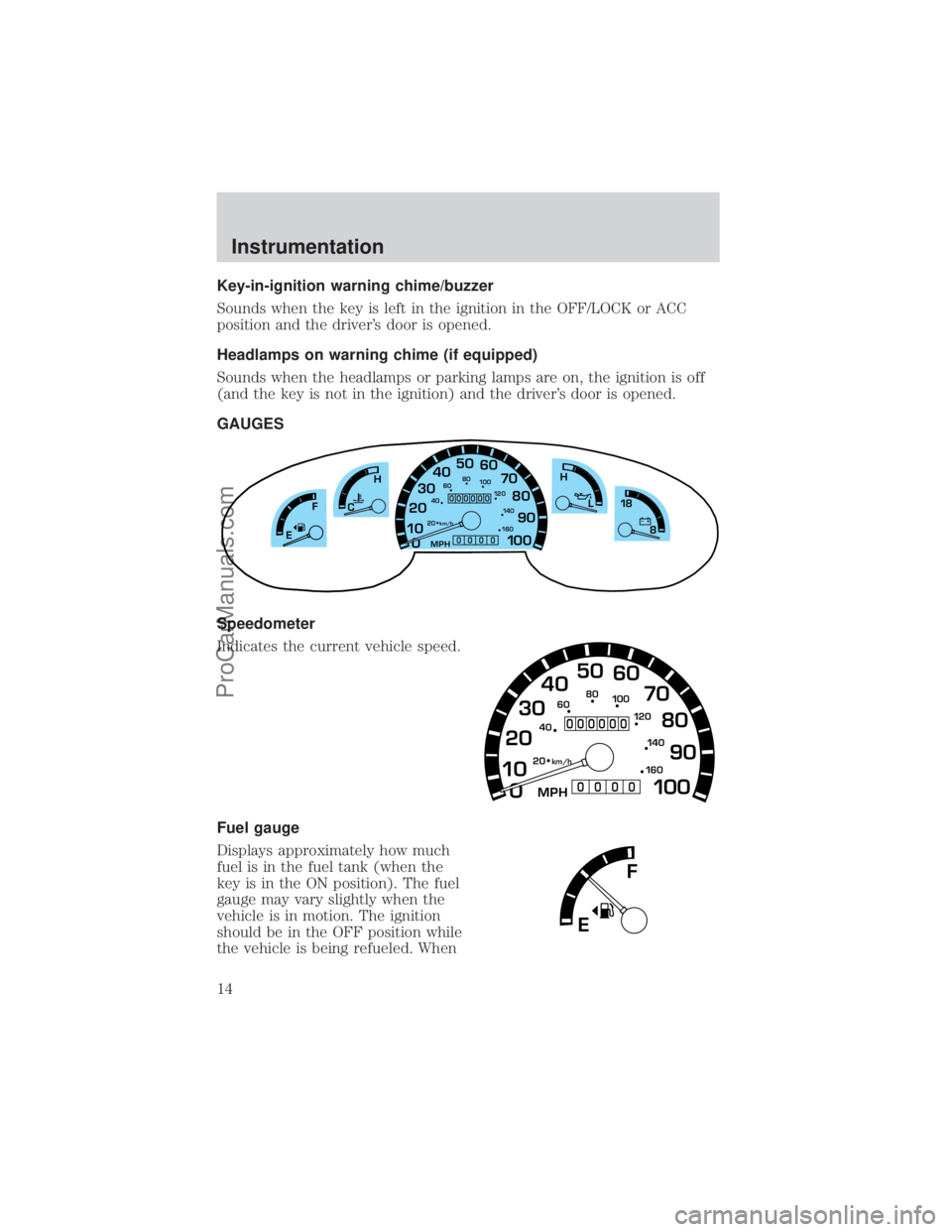 FORD E-150 2000 User Guide Key-in-ignition warning chime/buzzer
Sounds when the key is left in the ignition in the OFF/LOCK or ACC
position and the drivers door is opened.
Headlamps on warning chime (if equipped)
Sounds when t