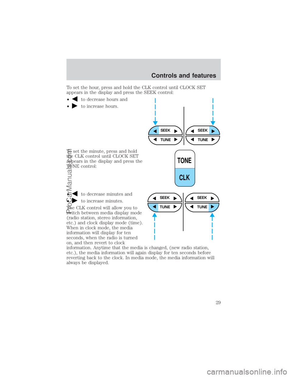 FORD E-150 2000  Owners Manual To set the hour, press and hold the CLK control until CLOCK SET
appears in the display and press the SEEK control:
²
to decrease hours and
²
to increase hours.
To set the minute, press and hold
the 