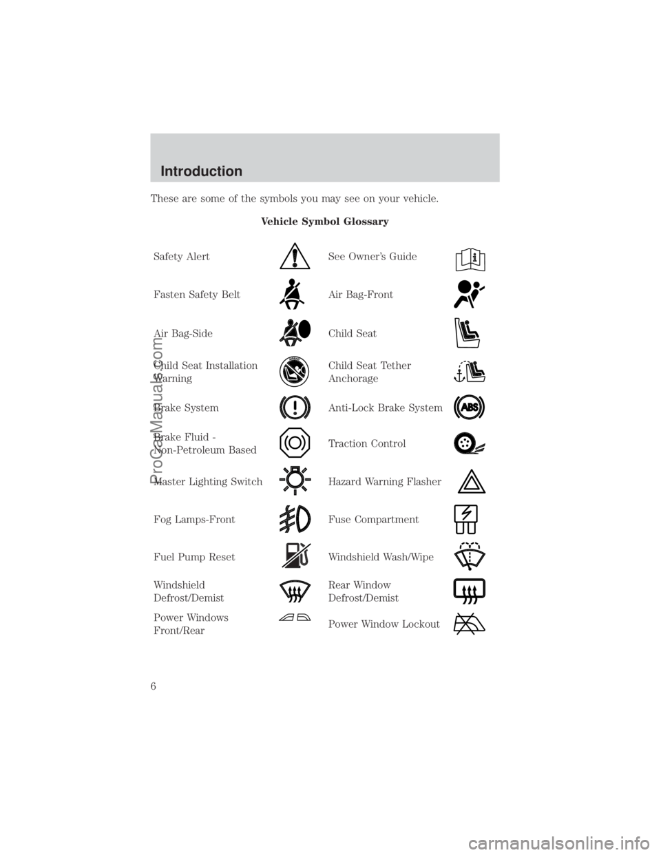 FORD E-150 2000  Owners Manual These are some of the symbols you may see on your vehicle.
Vehicle Symbol Glossary
Safety Alert
See Owners Guide
Fasten Safety BeltAir Bag-Front
Air Bag-SideChild Seat
Child Seat Installation
Warning