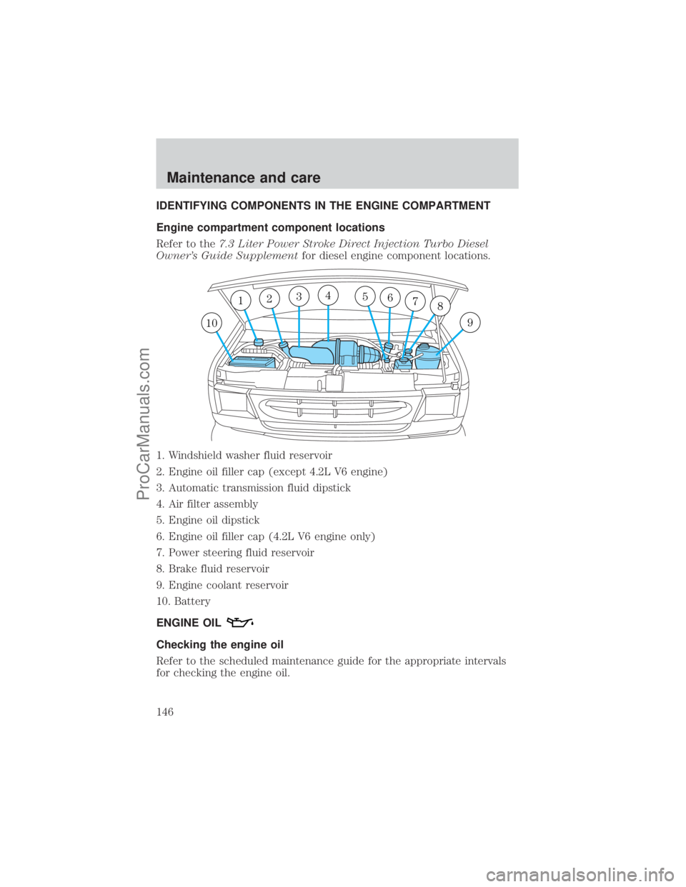 FORD E-150 2001  Owners Manual IDENTIFYING COMPONENTS IN THE ENGINE COMPARTMENT
Engine compartment component locations
Refer to the7.3 Liter Power Stroke Direct Injection Turbo Diesel
Owners Guide Supplementfor diesel engine compo