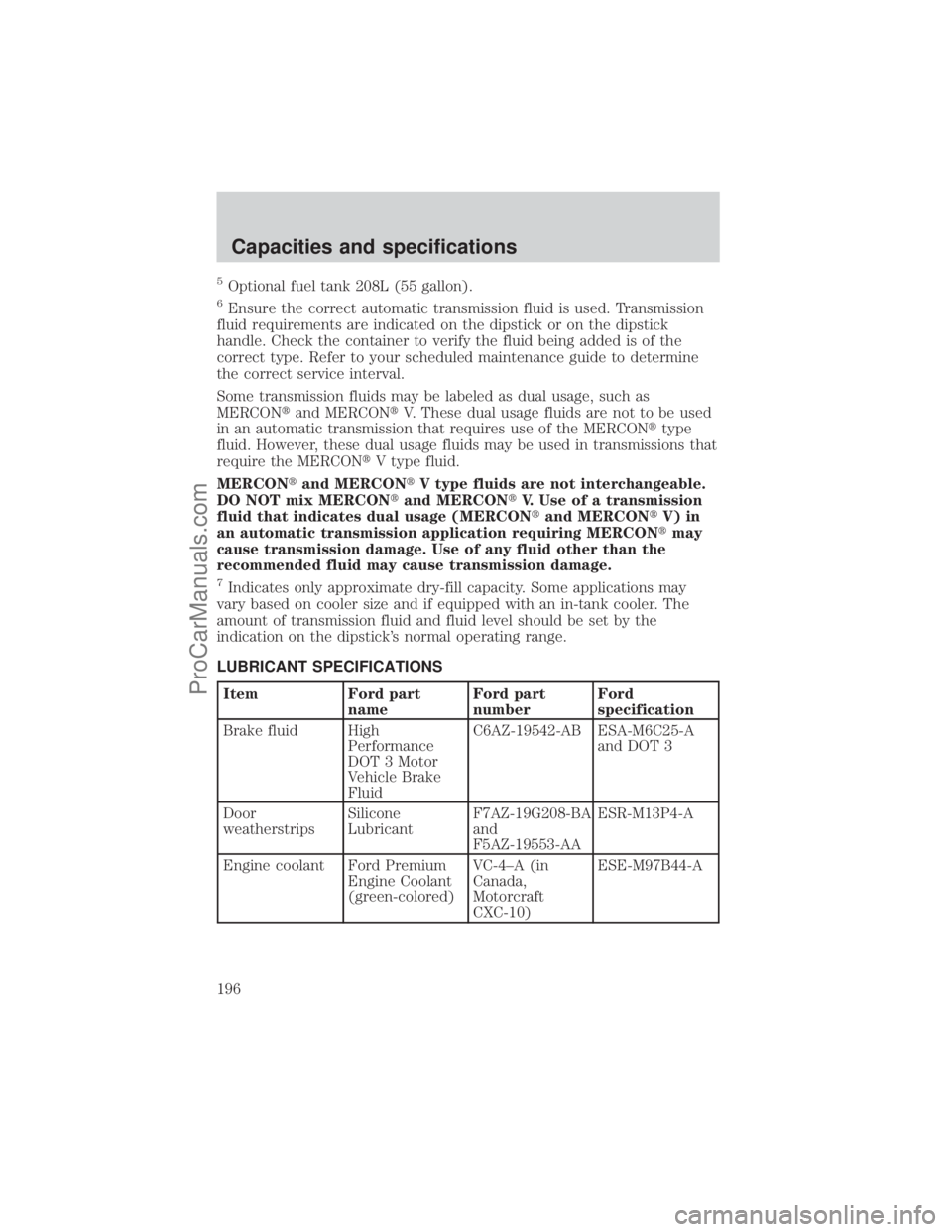 FORD E-150 2001  Owners Manual 5Optional fuel tank 208L (55 gallon).
6Ensure the correct automatic transmission fluid is used. Transmission
fluid requirements are indicated on the dipstick or on the dipstick
handle. Check the conta