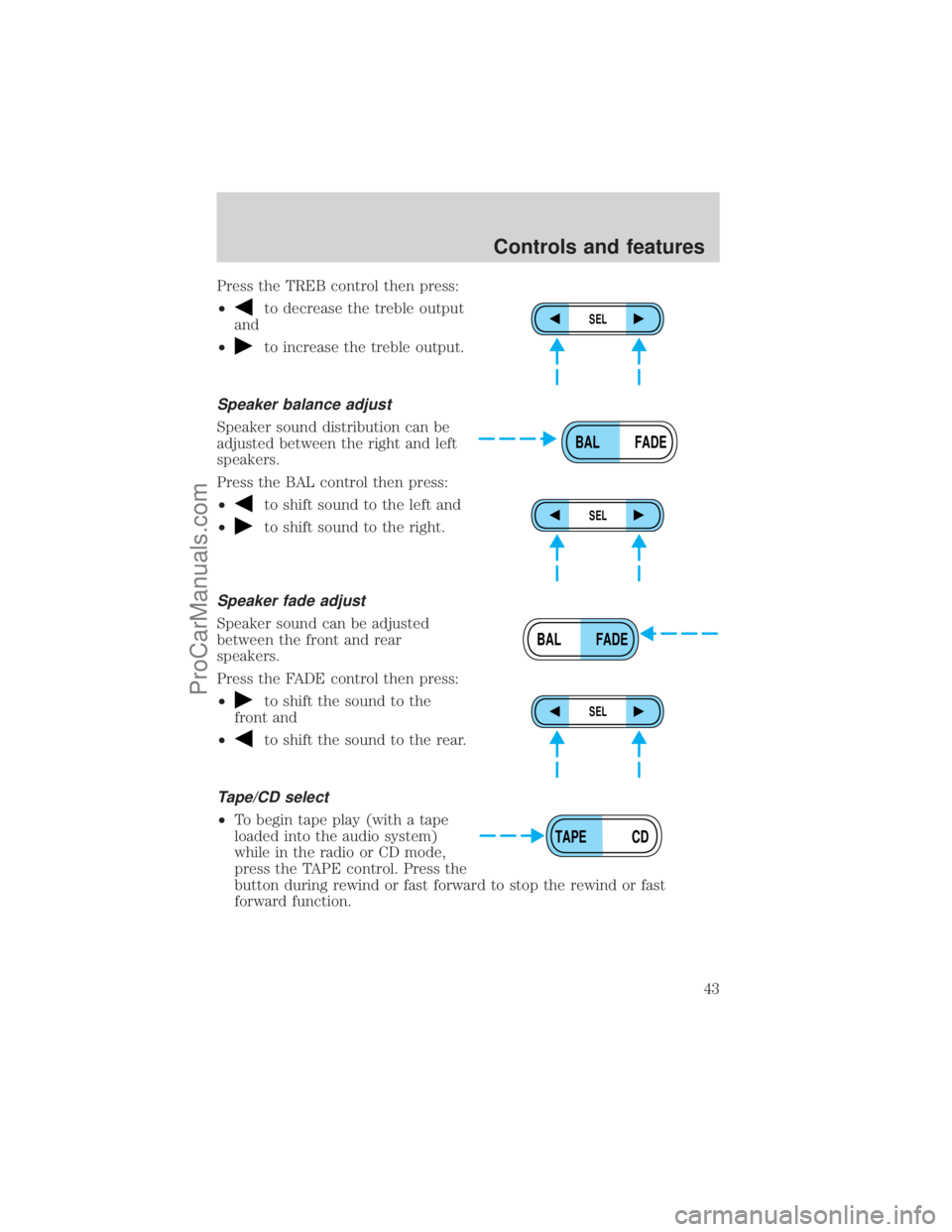 FORD E-150 2001 Service Manual Press the TREB control then press:
²
to decrease the treble output
and
²
to increase the treble output.
Speaker balance adjust
Speaker sound distribution can be
adjusted between the right and left
s