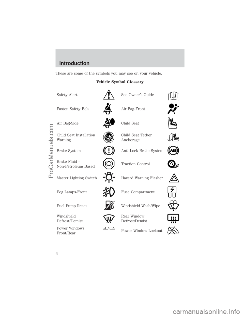 FORD E-150 2001  Owners Manual These are some of the symbols you may see on your vehicle.
Vehicle Symbol Glossary
Safety Alert
See Owners Guide
Fasten Safety BeltAir Bag-Front
Air Bag-SideChild Seat
Child Seat Installation
Warning