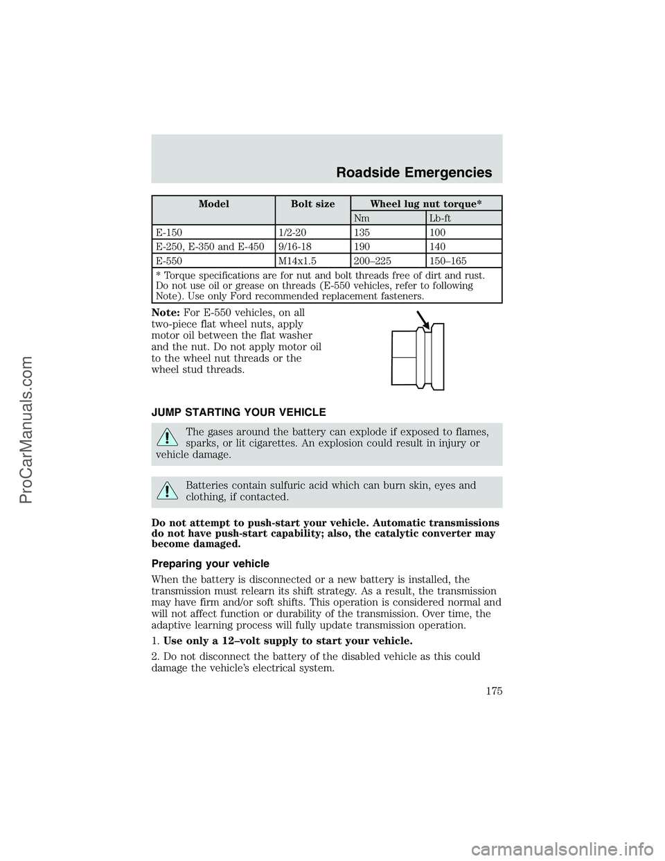 FORD E-150 2002  Owners Manual Model Bolt size Wheel lug nut torque*
Nm Lb-ft
E-150 1/2-20 135 100
E-250, E-350 and E-450 9/16-18 190 140
E-550 M14x1.5 200–225 150–165
* Torque specifications are for nut and bolt threads free o