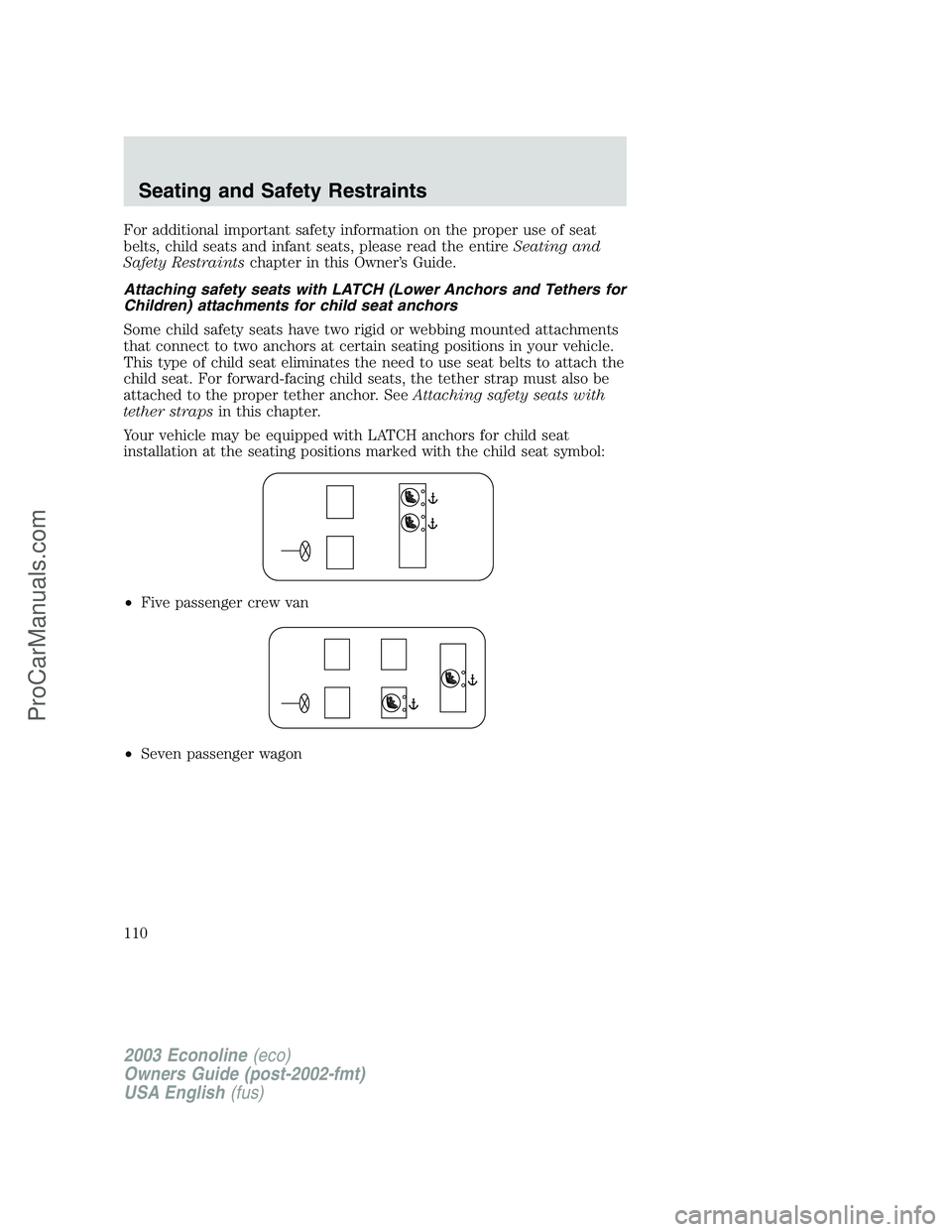 FORD E-150 2003 Owners Manual For additional important safety information on the proper use of seat
belts, child seats and infant seats, please read the entireSeating and
Safety Restraintschapter in this Owner’s Guide.
Attaching FORD E-150 2003 Owners Manual For additional important safety information on the proper use of seat
belts, child seats and infant seats, please read the entireSeating and
Safety Restraintschapter in this Owner’s Guide.
Attaching
