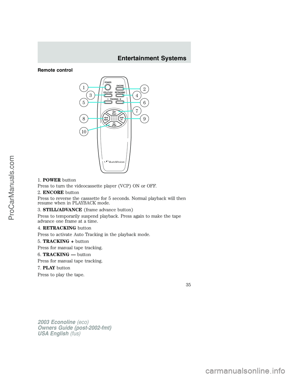 FORD E-150 2003 User Guide Remote control
1.POWERbutton
Press to turn the videocassette player (VCP) ON or OFF.
2.ENCOREbutton
Press to reverse the casssette for 5 seconds. Normal playback will then
resume when in PLAYBACK mode