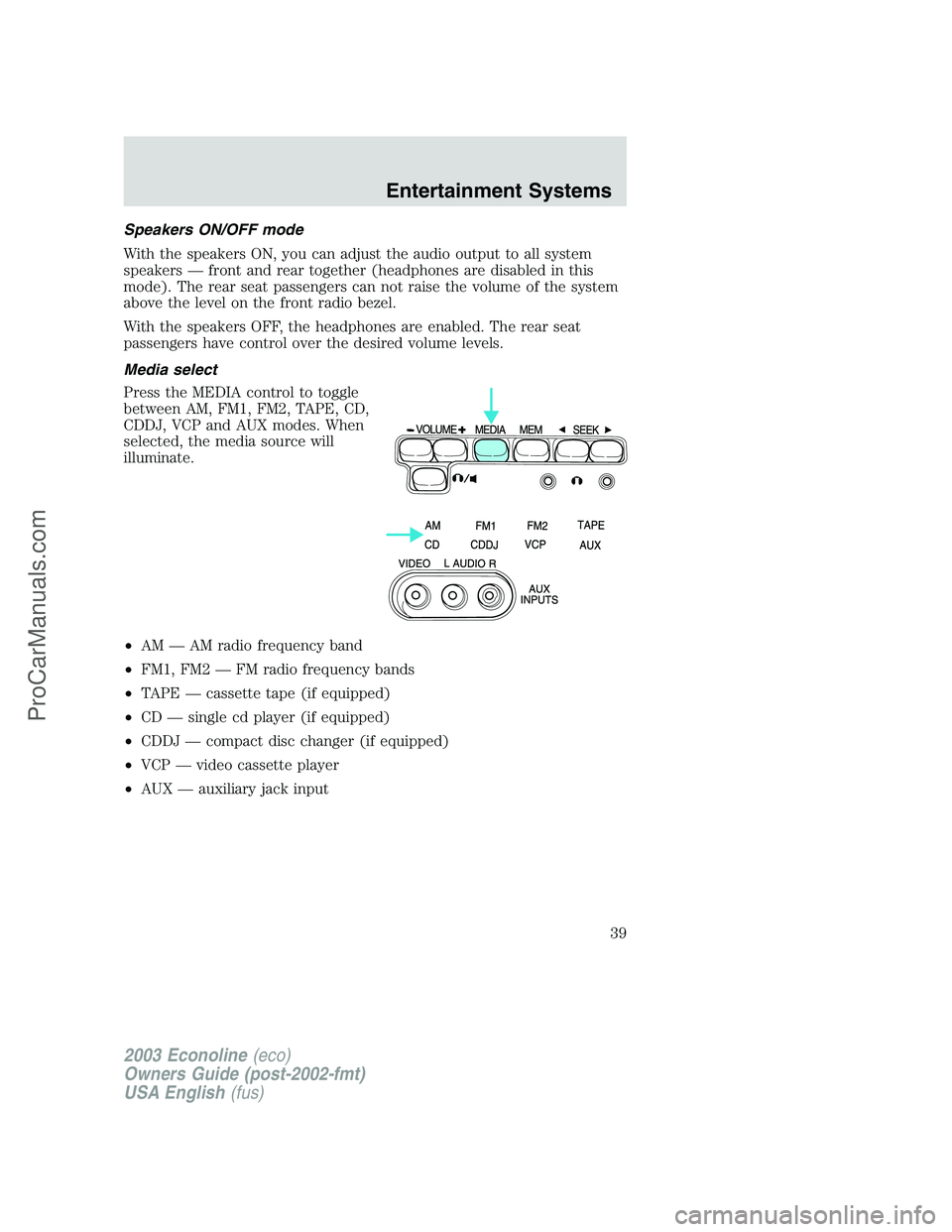 FORD E-150 2003  Owners Manual Speakers ON/OFF mode
With the speakers ON, you can adjust the audio output to all system
speakers—front and rear together (headphones are disabled in this
mode). The rear seat passengers can not rai